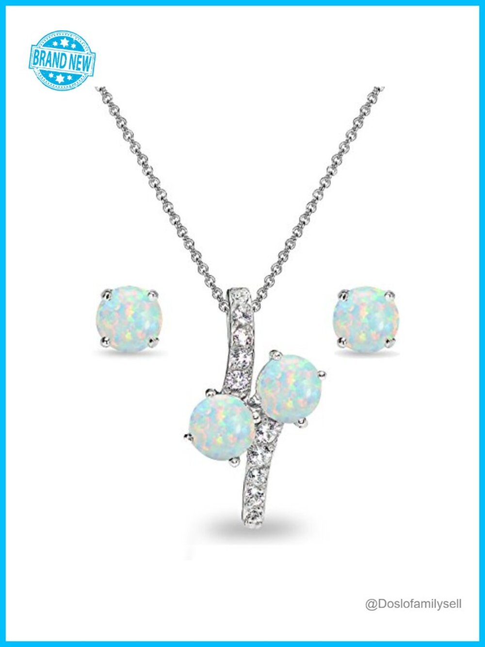 Sterling Silver Opal Stud Earrings & Necklace Set 18in